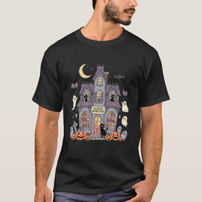 T-shirt Librairie hantée Halloween Fantôme Chat noir Citro (Devant)