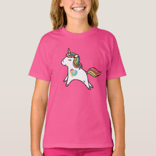 T-shirt licorne blanche avec crinière arc-en-ciel et coeur