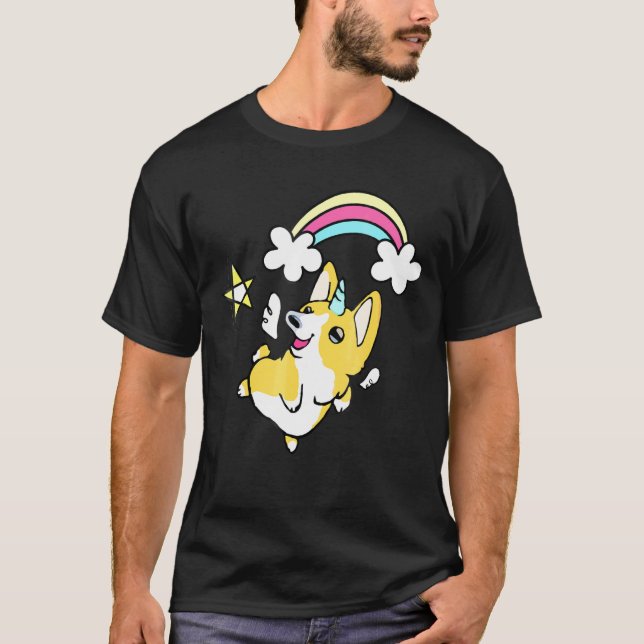 T-shirt Licorne Corgi Graphisme Arc-en-ciel Doodle (Devant)
