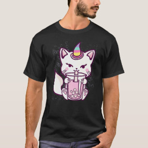 T-shirt Licorne de chat mignon buvant du thé aux bulles