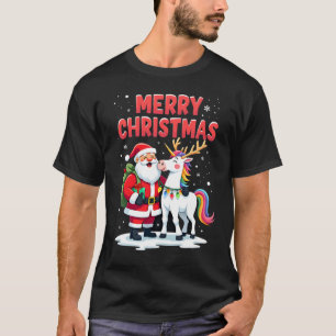 T-shirt Licorne de Noël mignonne Santa sur T-Shi de Noël L