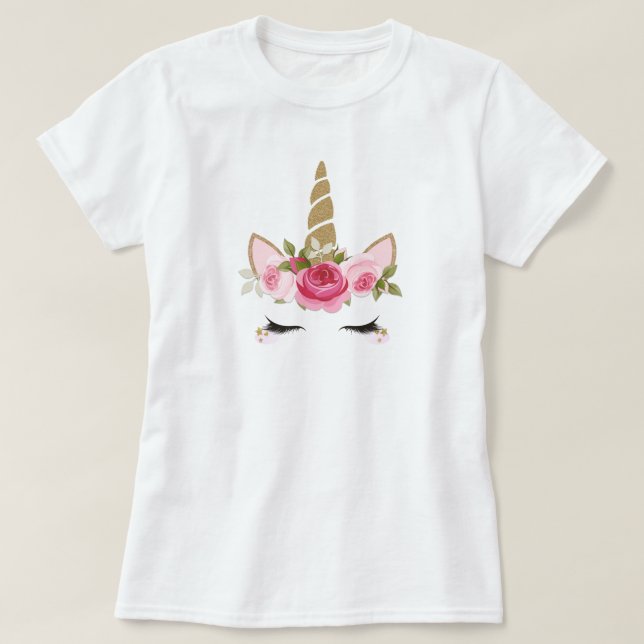 T-Shirt Licorne Dorée Fleur Rose Mignon Branché Fé (Design devant)