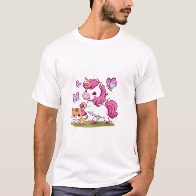 T-shirt Licorne kawaii avec chat et papillons manches long (Devant)
