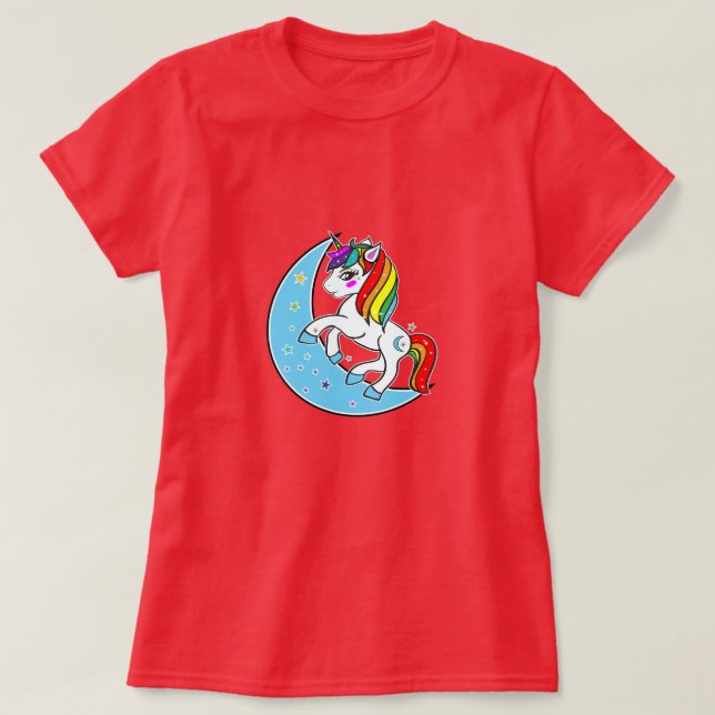 T-shirt Licorne Lune Céleste Bleue et Étoiles Arc-en-Ciel (Design devant)