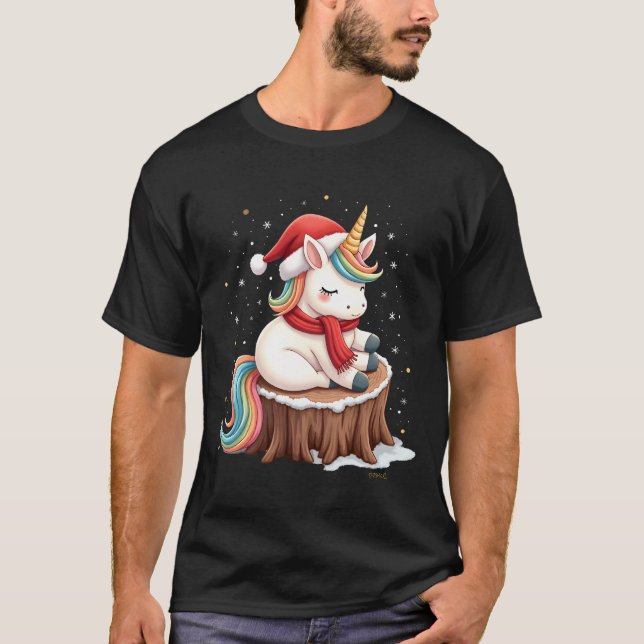 T-shirt Licorne Mignonne avec Écharpe Noël T-S (Devant)
