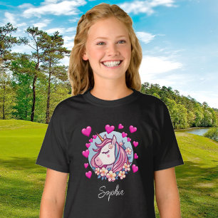T-shirt Licorne Mignonne, Cœurs Roses & Fleurs, Nom Person