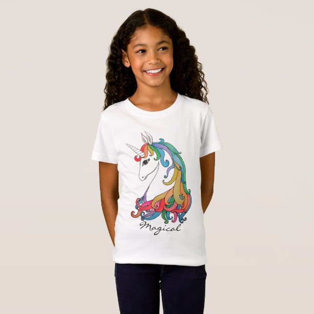 T-Shirt Licorne mignonne d'arc-en-ciel d'aquarelle (Devant entier)