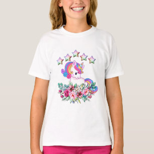T-shirt Licorne Mignonne, Étoiles Colorées Et Fleurs Aquar