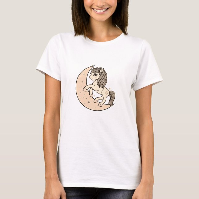 T-shirt Licorne Rose Pêche Blush Céleste Lune & Étoiles (Devant)