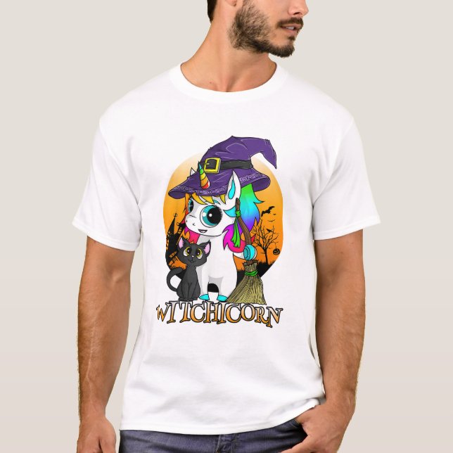 T-shirt Licorne sorcière Witch Halloween Chat noir orange (Devant)