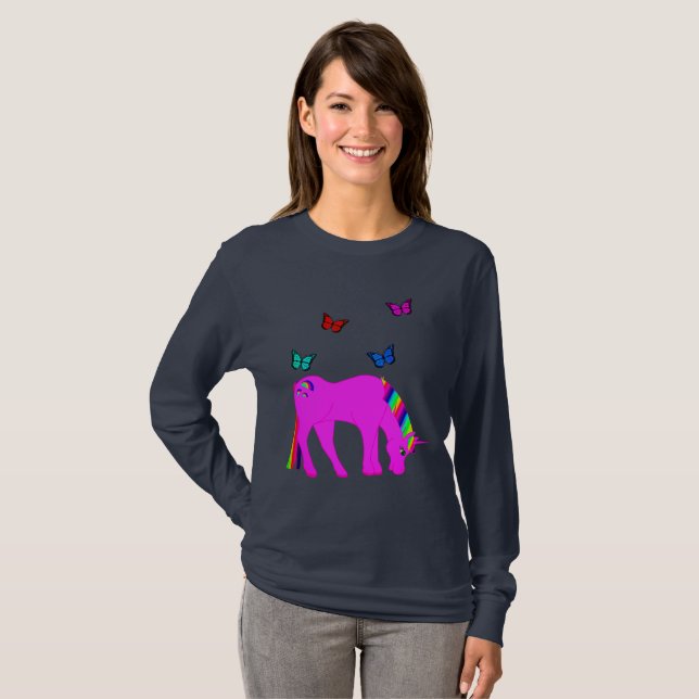 T-shirt Licorne Violette & Papillons Dames Manches Longues (Devant entier)