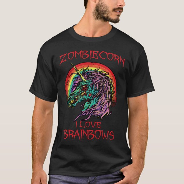 T-shirt Licorne Zombie J'Aime Brainbows Halloween Gothique (Devant)