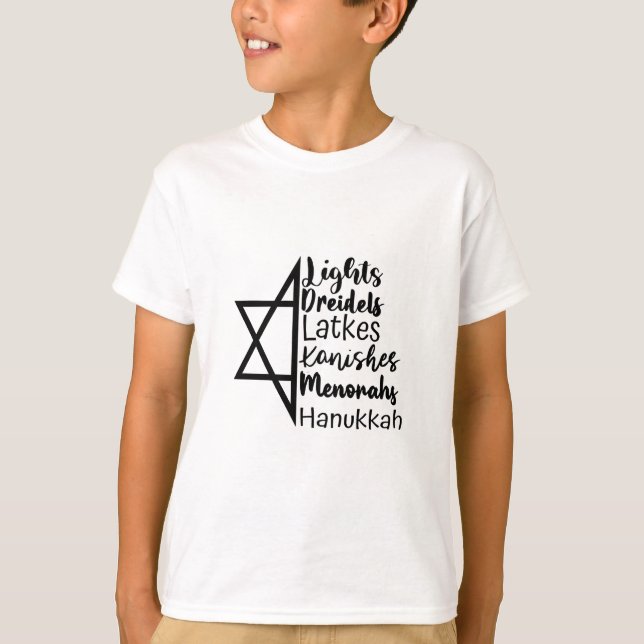 T-shirt Light Dreidel Latke Kanish Menorah Hanoukka (Devant)