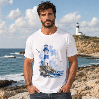 T-shirt Lighthouse Coastal Bleu et Blanc pour Hommes