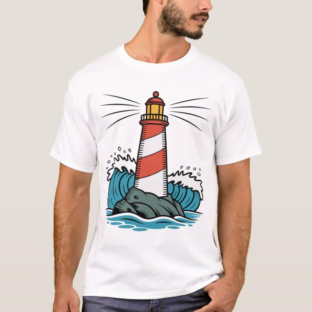 T-shirt Lighthouse Ocean Waves Design – Nautical Coastal  (Devant)