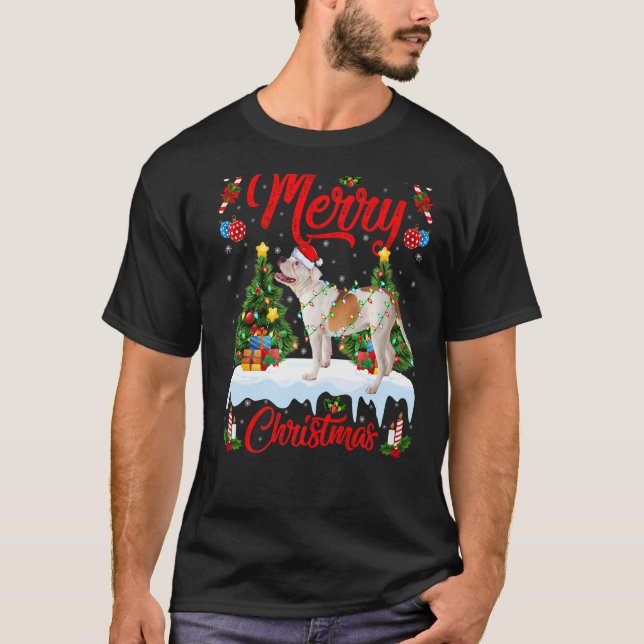 T-shirt Lights Xmas Tree Santa American Bulldog (Devant)