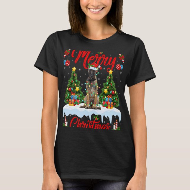 T-shirt Lights Xmas Tree Santa Belgian Malinois Dog Christ (Devant)