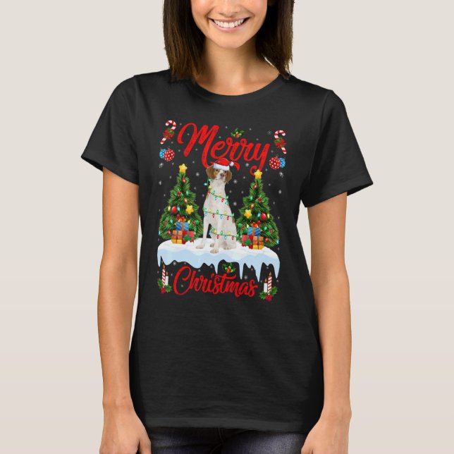 T-shirt Lights Xmas Tree Santa Brittany Spaniel Dog Christ (Devant)