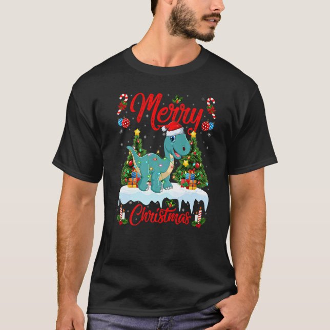 T-shirt Lights Xmas Tree Santa Brontosaurus Dinosaur Chris (Devant)