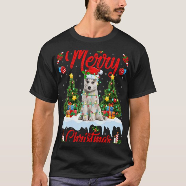 T-shirt Lights Xmas Tree Santa Siberian Husky Dog Christma (Devant)