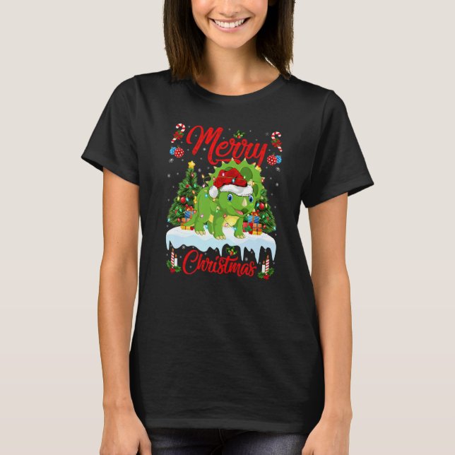 T-shirt Lights Xmas Tree Santa Triceratops Dinosaur Christ (Devant)