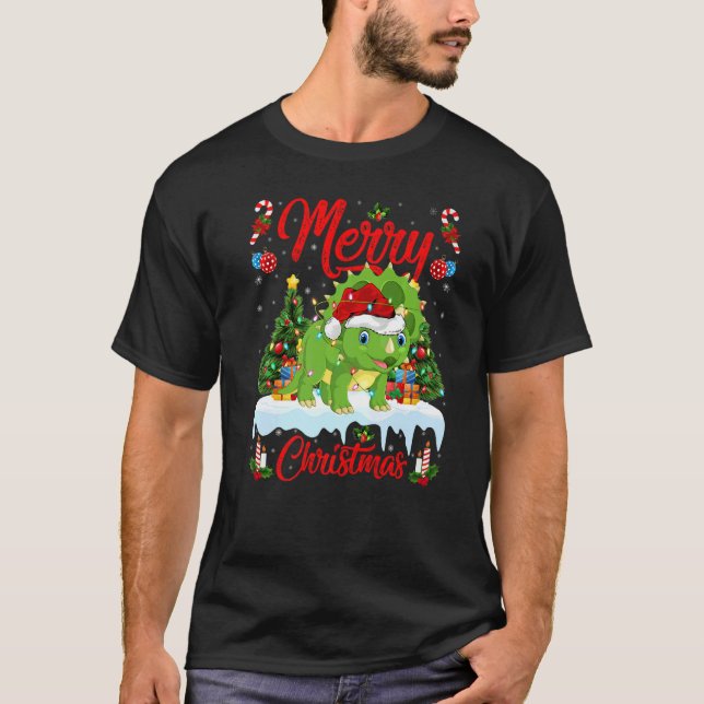 T-shirt Lights Xmas Tree Santa Triceratops Dinosaur Christ (Devant)
