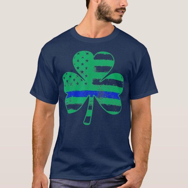 T-shirt Ligne Bleue Mince Drapeau Cadeau de police Shamroc (Devant)