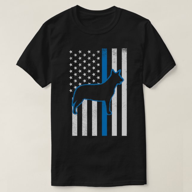 T-shirt Ligne Bleue Mince US Drapeau Heeler Police Chien d (Design devant)