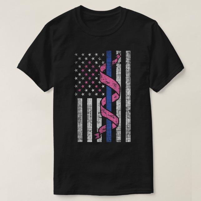 T-shirt Ligne bleue Police US Drapeau rose Ruban Cancer du (Design devant)