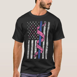 T-shirt Ligne bleue Police US Drapeau rose Ruban Cancer du
