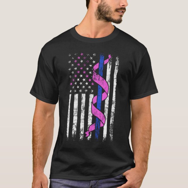 T-shirt Ligne bleue Police US Drapeau rose Ruban Cancer du (Devant)