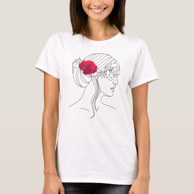 T-shirt Ligne continue femme avec Rose rouge sur les cheve (Devant)