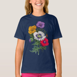 T-shirt Lilac Rouge Blanc Jaune Poppies & Feuilles verts