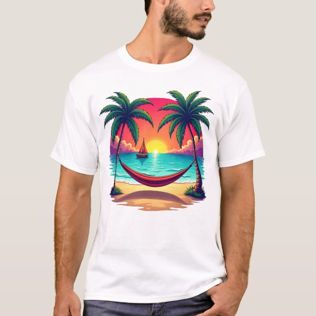 T-shirt L'île tropicale au coucher du soleil Illustration  (Devant)