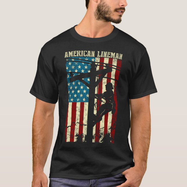 T-shirt Lineman American Flag Câble électrique Lin patriot (Devant)