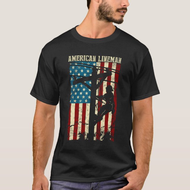 T-shirt Lineman American Flag Electric Cable Cadeau Patrio (Devant)
