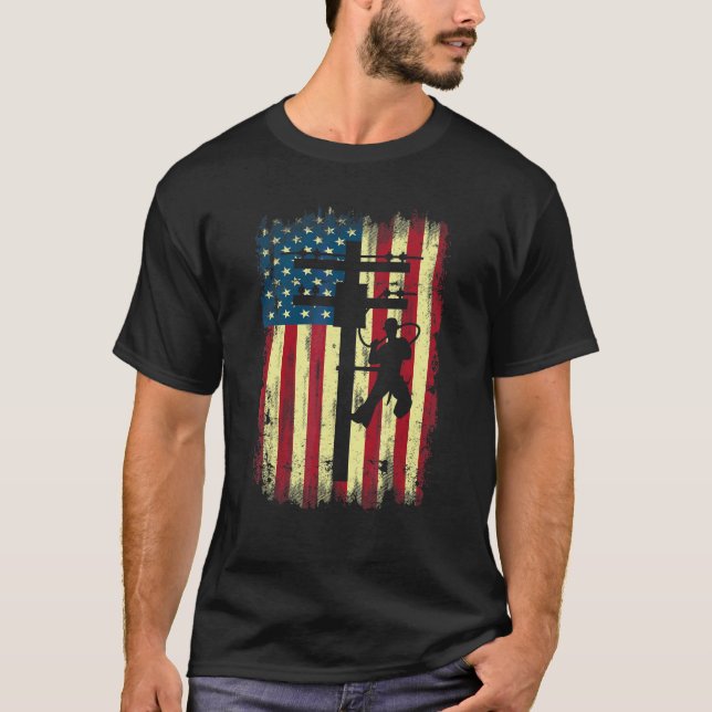 T-shirt Lineman American Flag  Electric Cable Lineman (Devant)