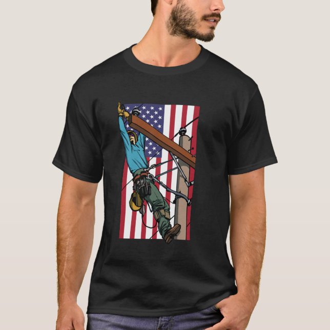 T-shirt Lineman American Flag Electric Cable Lineman (Devant)