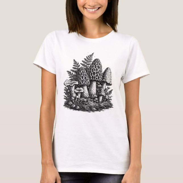 T-shirt Linogravure de champignons forestiers vintage (Devant)