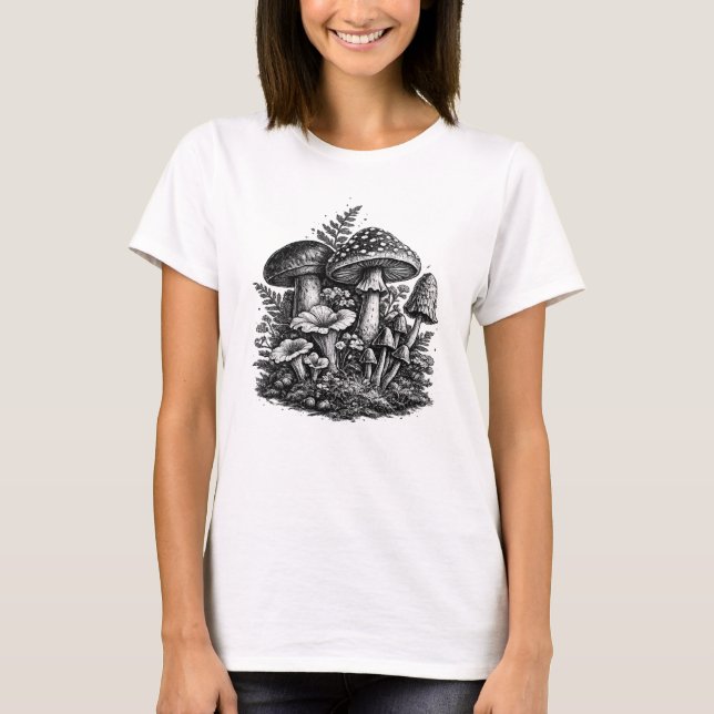 T-shirt Linogravure de champignons forestiers vintage (Devant)