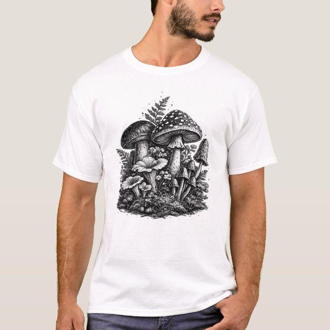 T-shirt Linogravure de champignons forestiers vintage (Devant)