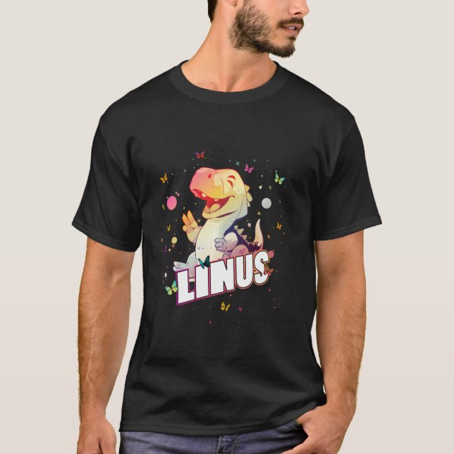 T-shirt LINUS - Nom mignon du garçon avec Dinosaur mignon (Devant)