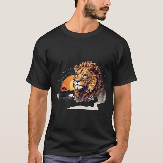 T-shirt Lion à double exposition Couché de soleil africain (Devant)