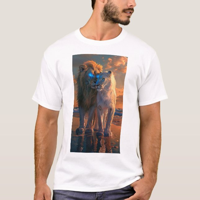 T-shirt Lion blanc majestueux aux yeux bleus et Aura T fon (Devant)