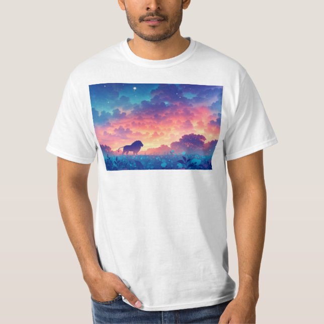 T-shirt Lion dans un champ de teintes de coucher de soleil (Devant)