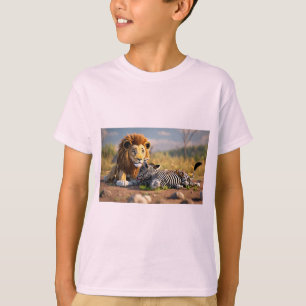 T-shirt Lion de dessin animé 3D mangeant un zèbre – Scène