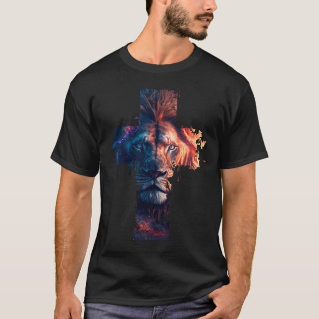 T-shirt Lion de Juda Croix de Jésus-Christ chrétien (Devant)