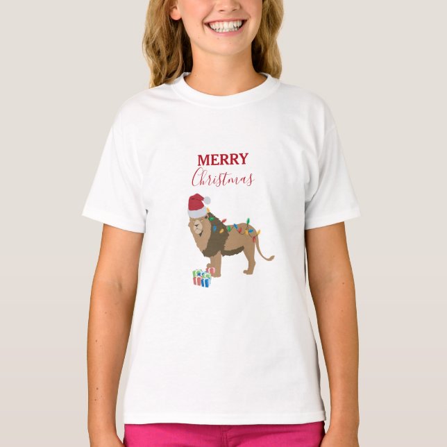 T-shirt Lion de Noël Animaux amusants avec chapeau de Père (Devant)