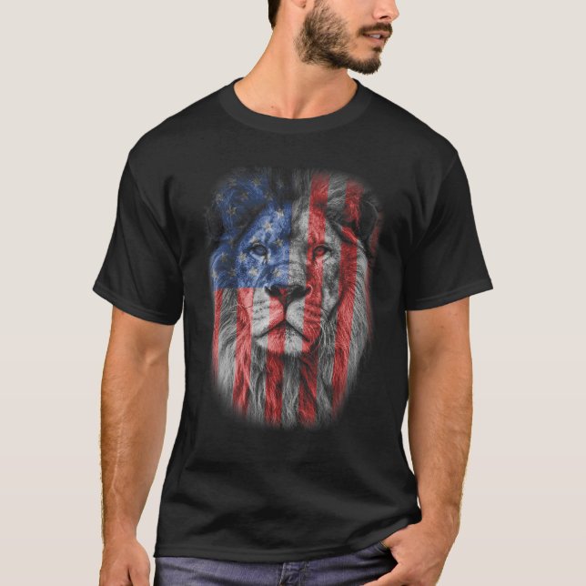 T-shirt Lion Head Graphic American Patriotic Lion USA Flag (Devant)