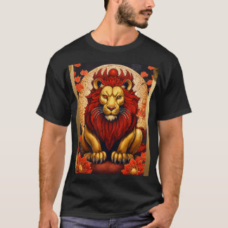 T-shirt Lion japonais rouge-or avec des lys araignées